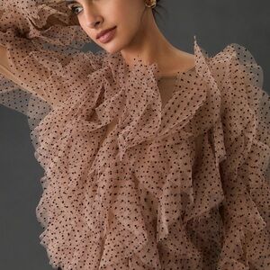 Anthropologie Ruffled Polka Dot Top in Tan and Black